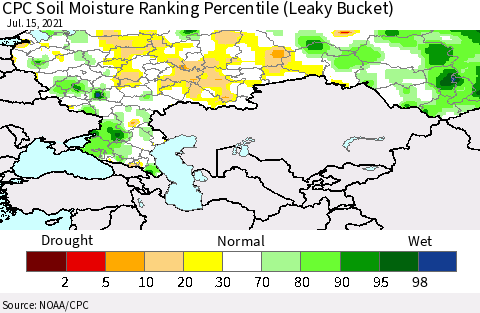 Russian Federation CPC Soil Moisture Ranking Percentile (Leaky Bucket) Thematic Map For 7/11/2021 - 7/15/2021