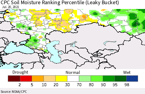 Russian Federation CPC Soil Moisture Ranking Percentile (Leaky Bucket) Thematic Map For 7/16/2021 - 7/20/2021