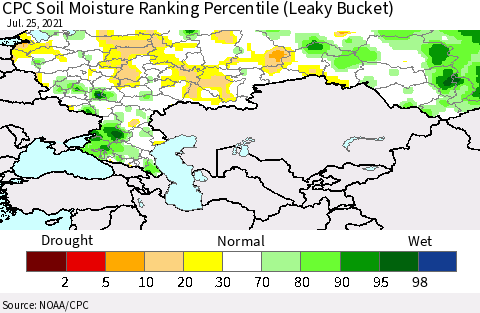 Russian Federation CPC Soil Moisture Ranking Percentile (Leaky Bucket) Thematic Map For 7/21/2021 - 7/25/2021