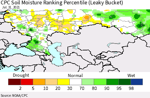 Russian Federation CPC Soil Moisture Ranking Percentile (Leaky Bucket) Thematic Map For 7/26/2021 - 7/31/2021