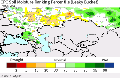 Russian Federation CPC Soil Moisture Ranking Percentile (Leaky Bucket) Thematic Map For 8/1/2021 - 8/5/2021
