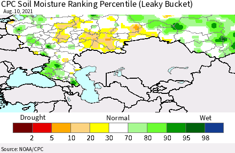 Russian Federation CPC Soil Moisture Ranking Percentile (Leaky Bucket) Thematic Map For 8/6/2021 - 8/10/2021