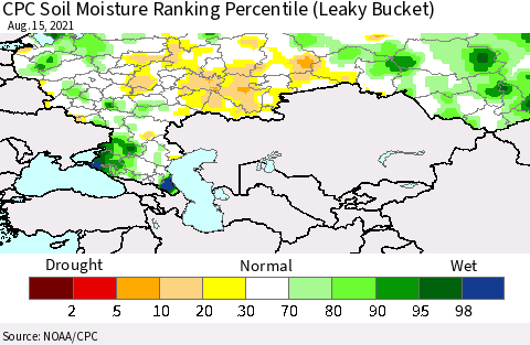 Russian Federation CPC Soil Moisture Ranking Percentile (Leaky Bucket) Thematic Map For 8/11/2021 - 8/15/2021