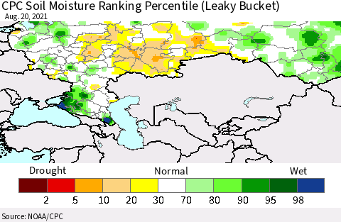 Russian Federation CPC Soil Moisture Ranking Percentile (Leaky Bucket) Thematic Map For 8/16/2021 - 8/20/2021