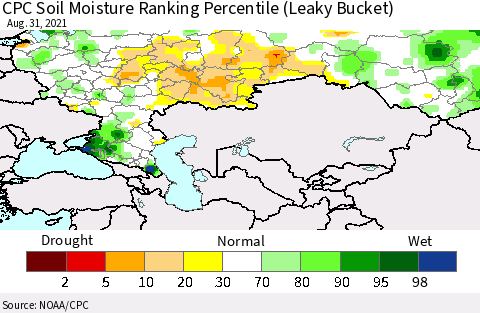 Russian Federation CPC Soil Moisture Ranking Percentile (Leaky Bucket) Thematic Map For 8/26/2021 - 8/31/2021