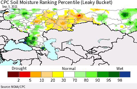 Russian Federation CPC Soil Moisture Ranking Percentile (Leaky Bucket) Thematic Map For 9/1/2021 - 9/5/2021
