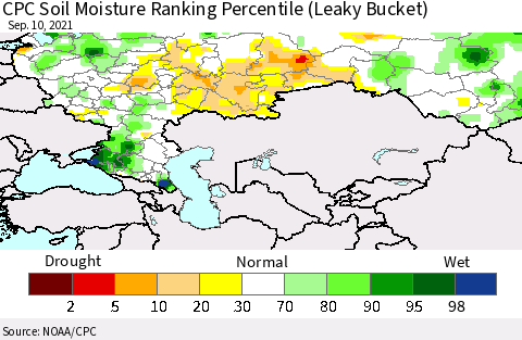 Russian Federation CPC Soil Moisture Ranking Percentile (Leaky Bucket) Thematic Map For 9/6/2021 - 9/10/2021