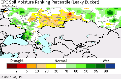 Russian Federation CPC Soil Moisture Ranking Percentile (Leaky Bucket) Thematic Map For 9/16/2021 - 9/20/2021