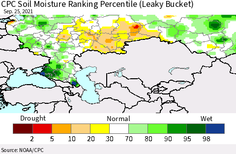 Russian Federation CPC Soil Moisture Ranking Percentile (Leaky Bucket) Thematic Map For 9/21/2021 - 9/25/2021