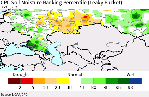 Russian Federation CPC Soil Moisture Ranking Percentile (Leaky Bucket) Thematic Map For 10/1/2021 - 10/5/2021