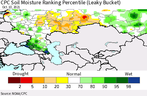 Russian Federation CPC Soil Moisture Ranking Percentile (Leaky Bucket) Thematic Map For 10/6/2021 - 10/10/2021
