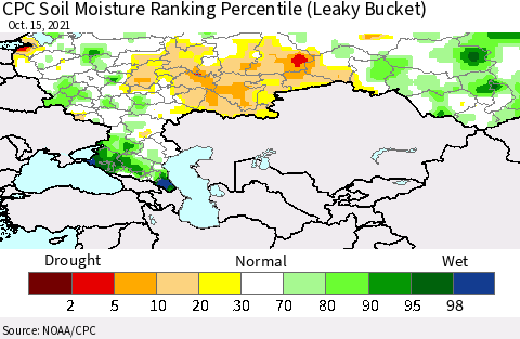 Russian Federation CPC Soil Moisture Ranking Percentile (Leaky Bucket) Thematic Map For 10/11/2021 - 10/15/2021