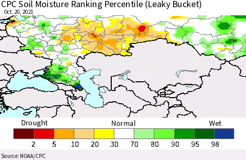 Russian Federation CPC Soil Moisture Ranking Percentile (Leaky Bucket) Thematic Map For 10/16/2021 - 10/20/2021