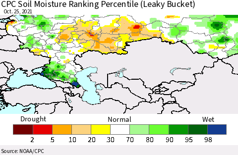 Russian Federation CPC Soil Moisture Ranking Percentile (Leaky Bucket) Thematic Map For 10/21/2021 - 10/25/2021