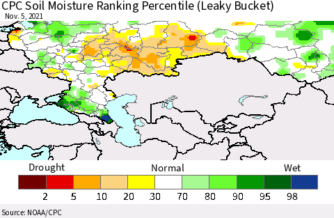Russian Federation CPC Soil Moisture Ranking Percentile (Leaky Bucket) Thematic Map For 11/1/2021 - 11/5/2021