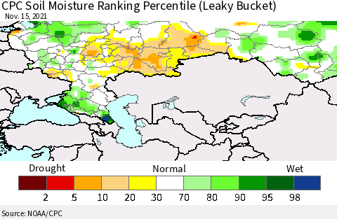 Russian Federation CPC Soil Moisture Ranking Percentile (Leaky Bucket) Thematic Map For 11/11/2021 - 11/15/2021