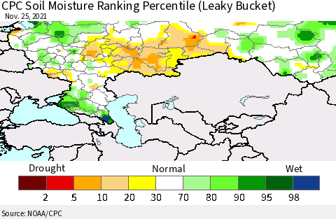 Russian Federation CPC Soil Moisture Ranking Percentile (Leaky Bucket) Thematic Map For 11/21/2021 - 11/25/2021