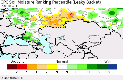 Russian Federation CPC Soil Moisture Ranking Percentile (Leaky Bucket) Thematic Map For 11/26/2021 - 11/30/2021