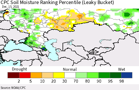 Russian Federation CPC Soil Moisture Ranking Percentile (Leaky Bucket) Thematic Map For 12/11/2021 - 12/15/2021