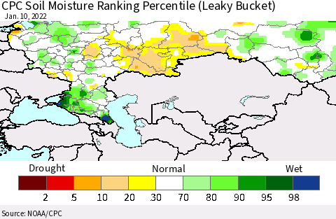 Russian Federation CPC Soil Moisture Ranking Percentile (Leaky Bucket) Thematic Map For 1/6/2022 - 1/10/2022