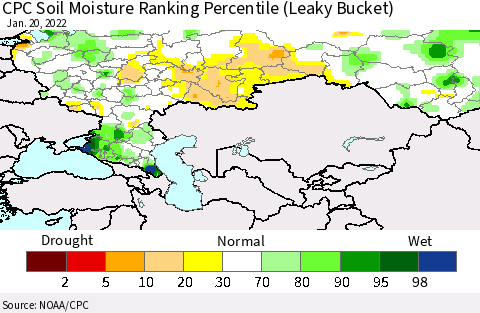 Russian Federation CPC Soil Moisture Ranking Percentile (Leaky Bucket) Thematic Map For 1/16/2022 - 1/20/2022