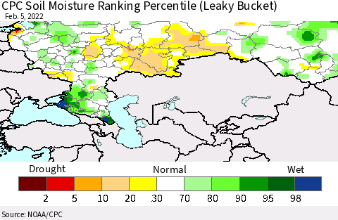 Russian Federation CPC Soil Moisture Ranking Percentile (Leaky Bucket) Thematic Map For 2/1/2022 - 2/5/2022