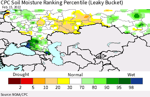 Russian Federation CPC Soil Moisture Ranking Percentile (Leaky Bucket) Thematic Map For 2/11/2022 - 2/15/2022