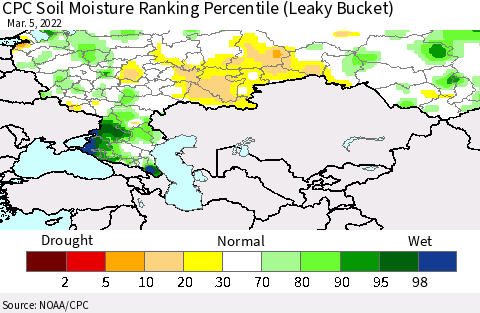 Russian Federation CPC Soil Moisture Ranking Percentile (Leaky Bucket) Thematic Map For 3/1/2022 - 3/5/2022