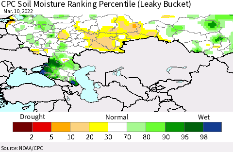 Russian Federation CPC Soil Moisture Ranking Percentile (Leaky Bucket) Thematic Map For 3/6/2022 - 3/10/2022