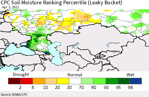Russian Federation CPC Soil Moisture Ranking Percentile (Leaky Bucket) Thematic Map For 4/1/2022 - 4/5/2022