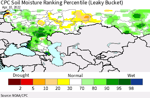 Russian Federation CPC Soil Moisture Ranking Percentile (Leaky Bucket) Thematic Map For 4/6/2022 - 4/10/2022