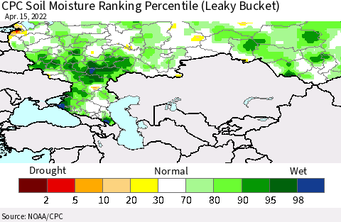Russian Federation CPC Soil Moisture Ranking Percentile (Leaky Bucket) Thematic Map For 4/11/2022 - 4/15/2022