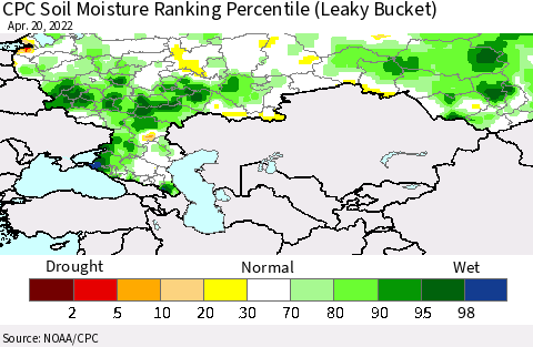 Russian Federation CPC Soil Moisture Ranking Percentile (Leaky Bucket) Thematic Map For 4/16/2022 - 4/20/2022