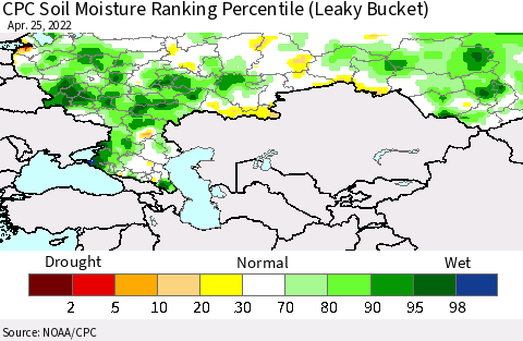 Russian Federation CPC Soil Moisture Ranking Percentile (Leaky Bucket) Thematic Map For 4/21/2022 - 4/25/2022