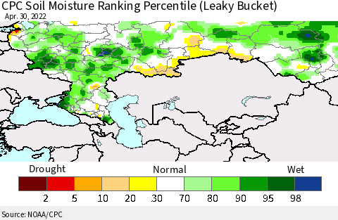 Russian Federation CPC Soil Moisture Ranking Percentile (Leaky Bucket) Thematic Map For 4/26/2022 - 4/30/2022
