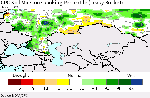 Russian Federation CPC Soil Moisture Ranking Percentile (Leaky Bucket) Thematic Map For 5/1/2022 - 5/5/2022