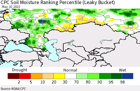 Russian Federation CPC Soil Moisture Ranking Percentile (Leaky Bucket) Thematic Map For 5/6/2022 - 5/10/2022