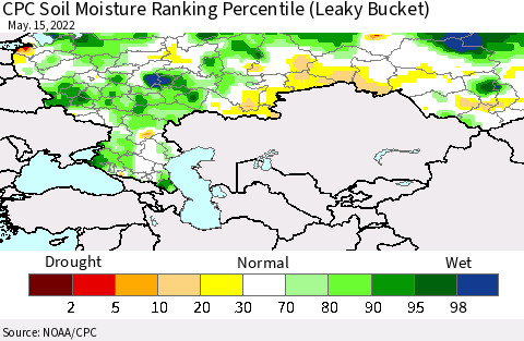 Russian Federation CPC Soil Moisture Ranking Percentile (Leaky Bucket) Thematic Map For 5/11/2022 - 5/15/2022