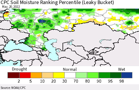 Russian Federation CPC Soil Moisture Ranking Percentile (Leaky Bucket) Thematic Map For 5/16/2022 - 5/20/2022