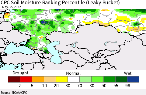 Russian Federation CPC Soil Moisture Ranking Percentile (Leaky Bucket) Thematic Map For 5/21/2022 - 5/25/2022