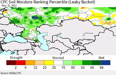 Russian Federation CPC Soil Moisture Ranking Percentile (Leaky Bucket) Thematic Map For 5/26/2022 - 5/31/2022