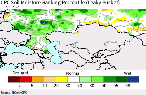 Russian Federation CPC Soil Moisture Ranking Percentile (Leaky Bucket) Thematic Map For 6/1/2022 - 6/5/2022