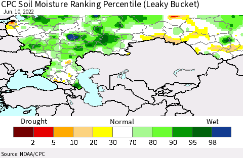 Russian Federation CPC Soil Moisture Ranking Percentile (Leaky Bucket) Thematic Map For 6/6/2022 - 6/10/2022