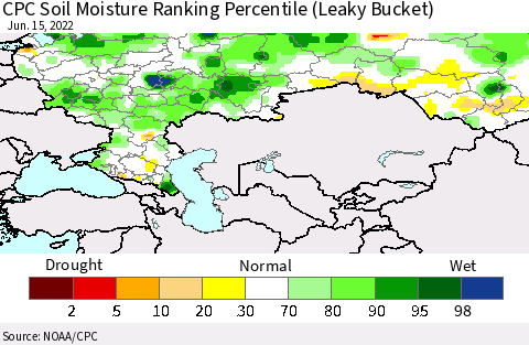 Russian Federation CPC Soil Moisture Ranking Percentile (Leaky Bucket) Thematic Map For 6/11/2022 - 6/15/2022