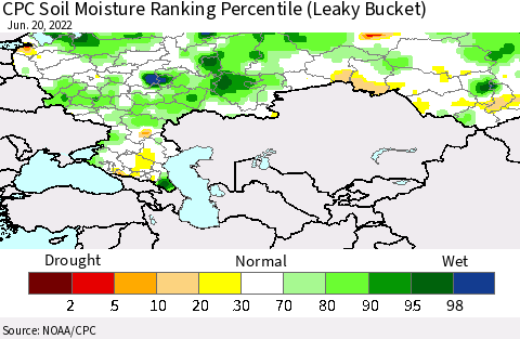 Russian Federation CPC Soil Moisture Ranking Percentile (Leaky Bucket) Thematic Map For 6/16/2022 - 6/20/2022
