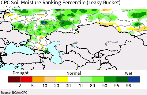 Russian Federation CPC Soil Moisture Ranking Percentile (Leaky Bucket) Thematic Map For 6/21/2022 - 6/25/2022