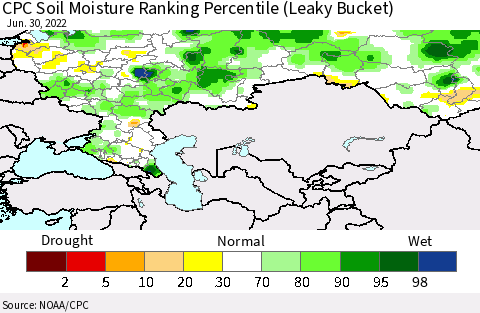 Russian Federation CPC Soil Moisture Ranking Percentile (Leaky Bucket) Thematic Map For 6/26/2022 - 6/30/2022