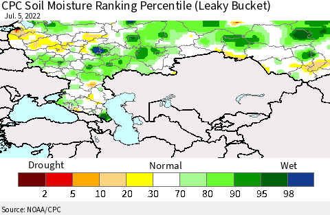 Russian Federation CPC Soil Moisture Ranking Percentile (Leaky Bucket) Thematic Map For 7/1/2022 - 7/5/2022
