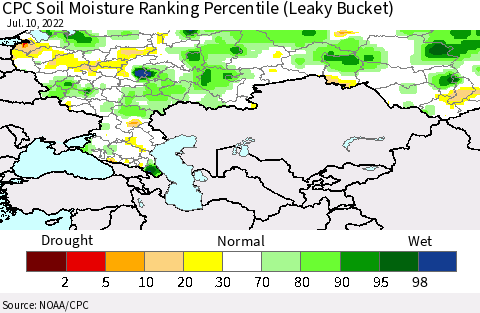 Russian Federation CPC Soil Moisture Ranking Percentile (Leaky Bucket) Thematic Map For 7/6/2022 - 7/10/2022