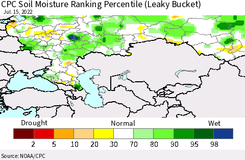Russian Federation CPC Soil Moisture Ranking Percentile (Leaky Bucket) Thematic Map For 7/11/2022 - 7/15/2022